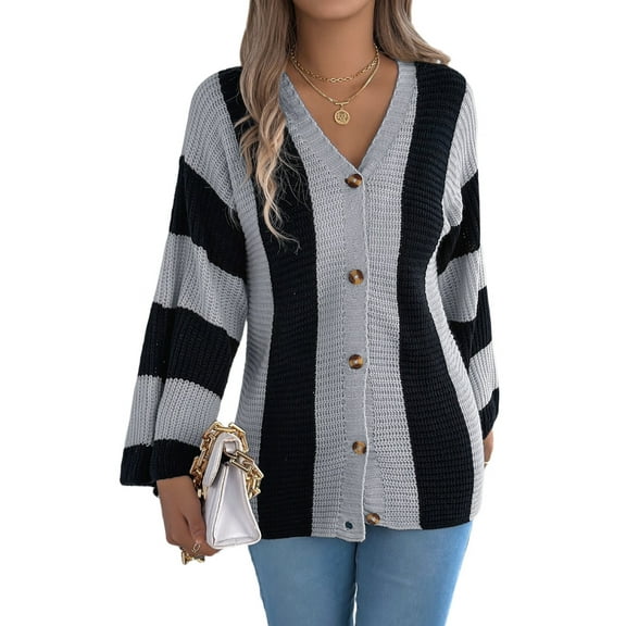 Women'S Autumn and Winter Contrast Striped Trumpet Sleeve Cardigan Sweater Mid-Length Coat Grey S