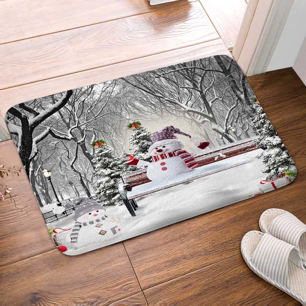 Farmhouse Winter Christmas Bath Mat, Cute Snowman in Snowy Forest Snowflake Bath Rug for Bathroom, Snow Covered Tree Forest Xmas Holiday Bath Mat Soft Non Slip Bath Rugs, 16X24IN