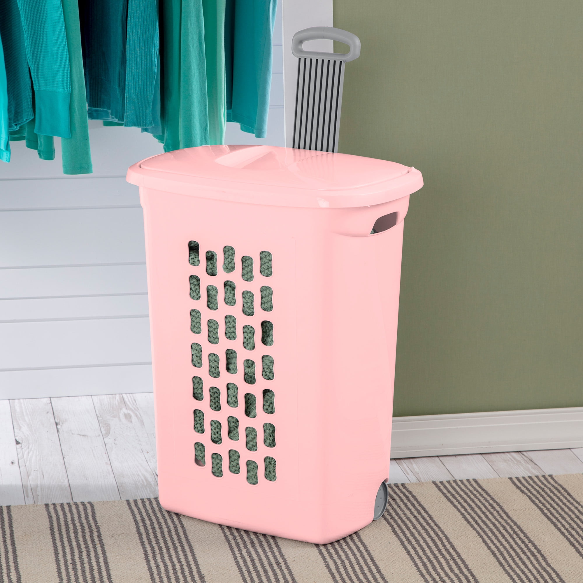 Sterilite Ultra Wheeled Hamper, Laundry Basket with Lid and Handle, Pink Frost, 3 Pack