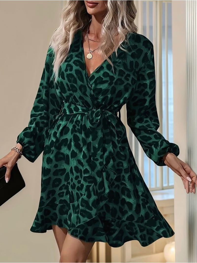 Leopard Glitter Dress Cheetah Ruffle Belted V Neck A Line Long Sleeve  Elegant Casual Dress Dark Green M - Walmart.com