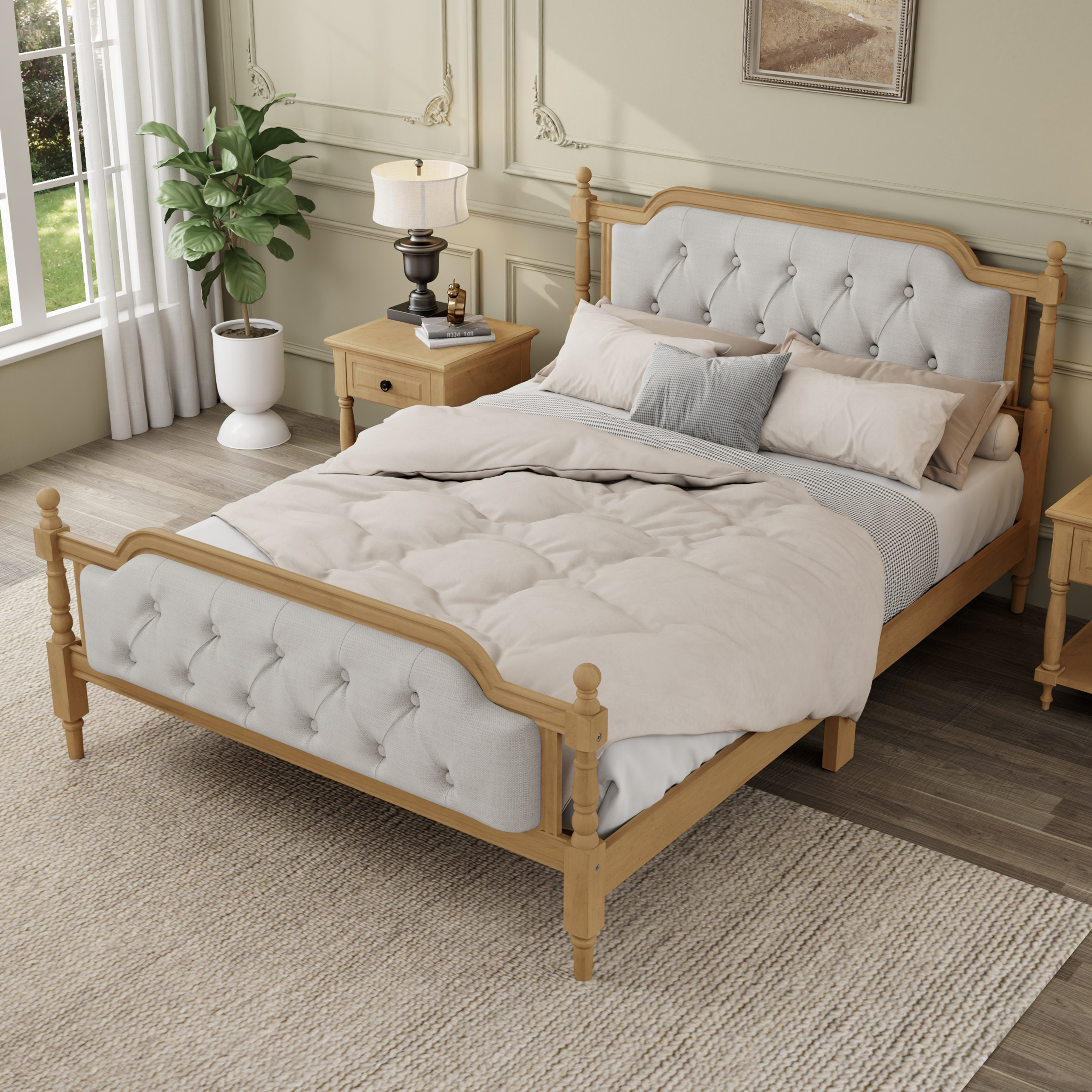 Euroco Traditional Wood Full Size Platform Bed with Upholstered Tufted Headboard, Walnut