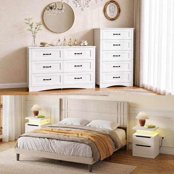 Asofer King Bedroom Set: Bed Frame, 2 Nightstands, 5 Drawer Dressers & 6 Drawer Dressers, Modern Storage Bundle