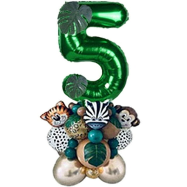 Globos de animales de safari en la jungla, 28 unidades, hojas decorativas, globos con números de 32 pulgadas para suministros 5 años de edad
