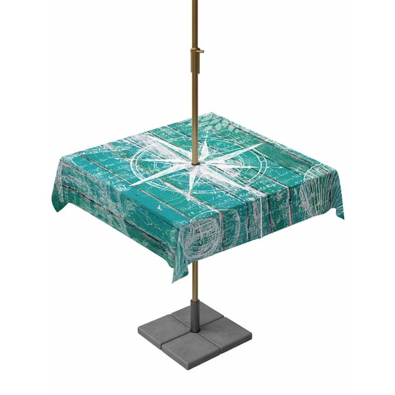 Outdoor Tablecloth with Umbrella Hole, Summer Coastal Waterproof Outdoor Table Cover, Ocean Compass Starfish Shell Conch Blue Green Patio Tablecloths for Party/Garden/Picnic, Square 60"x60"