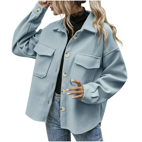 Herrnalise Jackets For Women Fashion Casual Solid Color Buttons Tops Turndown Collar Long Sleeve Hoodless Casual Outwear Shackets For Women 2024 fall Blue,S