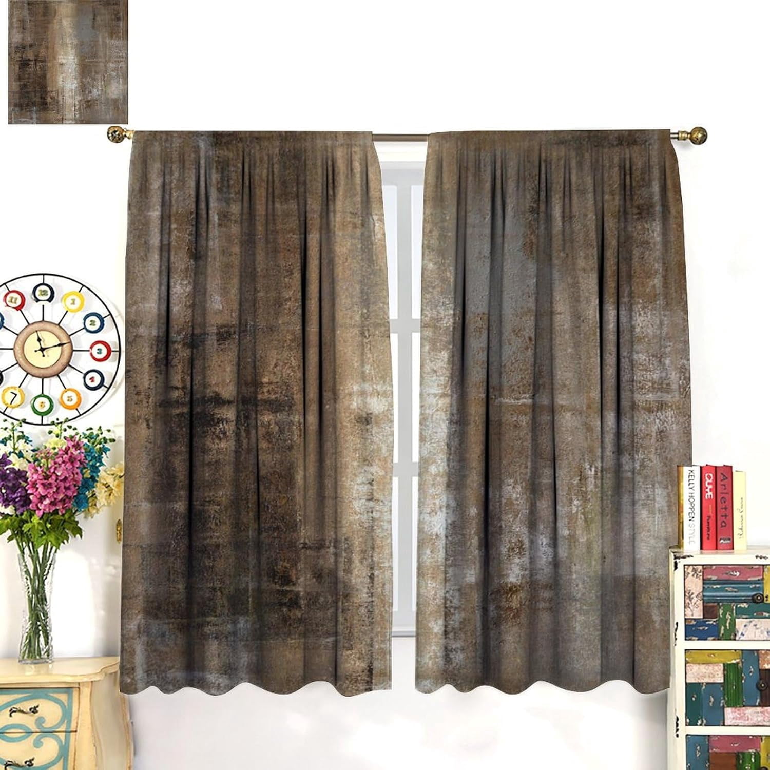 Rustic Curtains Tan Brown Abstract Wood Blackout Print Rod Pocket Window Drapes for Bedroom Living Room 42x63in