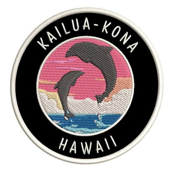 Kailua-Kona, Hawaii Dolphin Sunset 3.5 Inch Iron Or Sew On Embroidered Fabric Badge Patch Ocean Beach, Salt Life Iconic Series