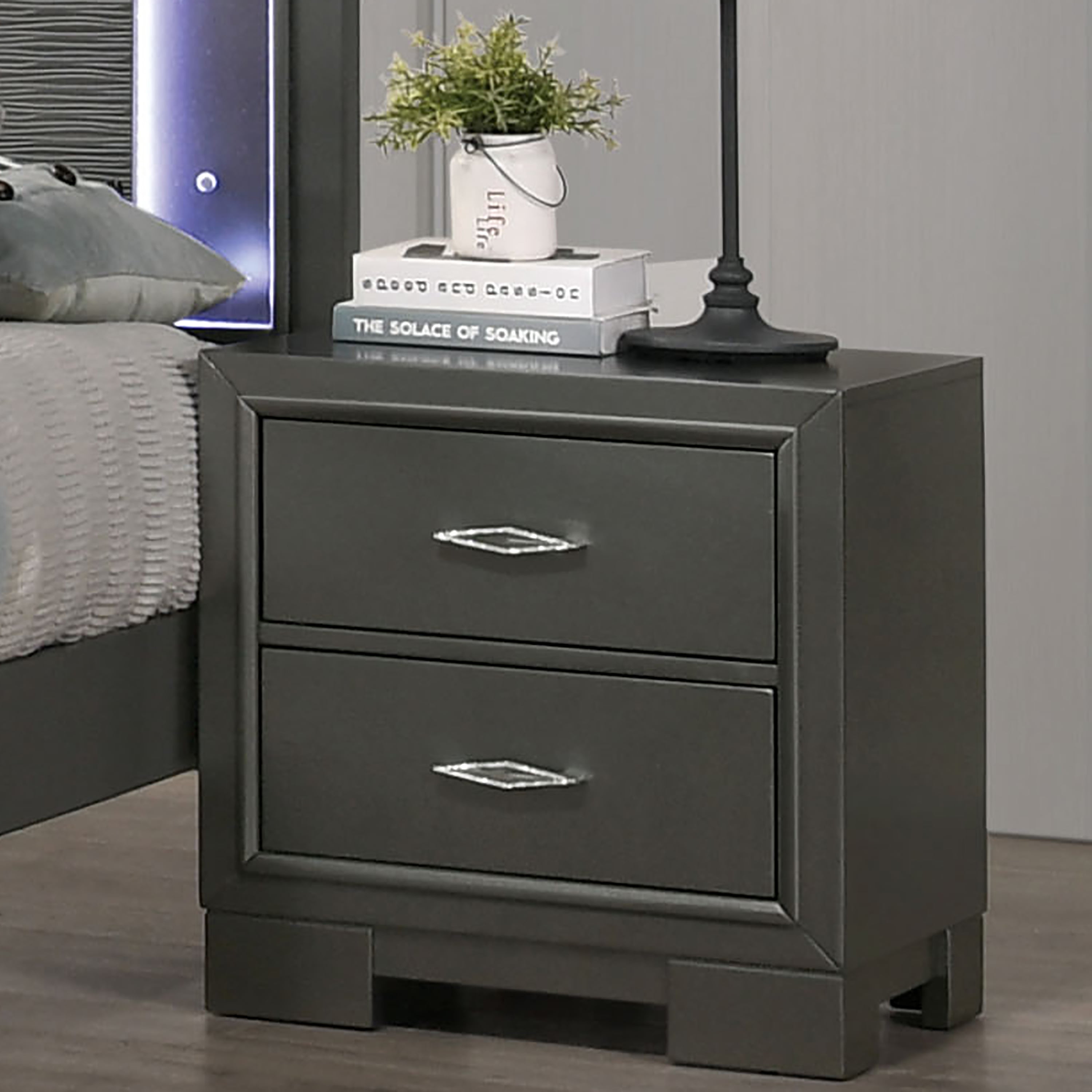 Furniture of America Willow Wood 2-Drawer Nightstand, Metallic Gray
