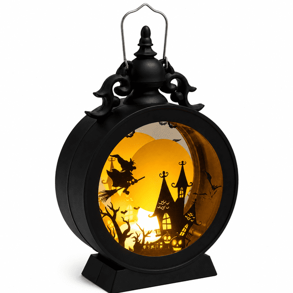 RAIRSKY Halloween Witch LED Lantern, Black Plastic, 6.7" Battery Operated Light with Spooky Silhouette, Hanging & Tabletop Decor for Halloween Party