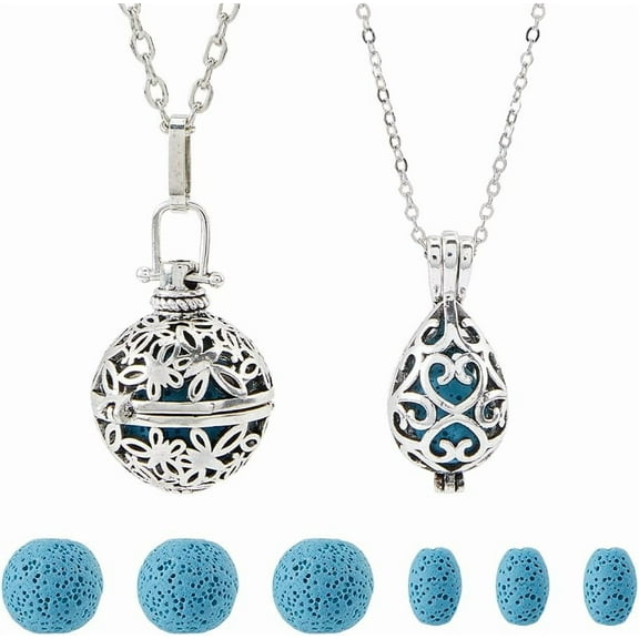 2 Styles Essential Oil Necklaces Perfume Pendant Necklaces with 12PCS Lava Rock Stones Diffuser Locket Necklace Essential Oil Jewelry Gift Aromatherapy Necklace for Women Men