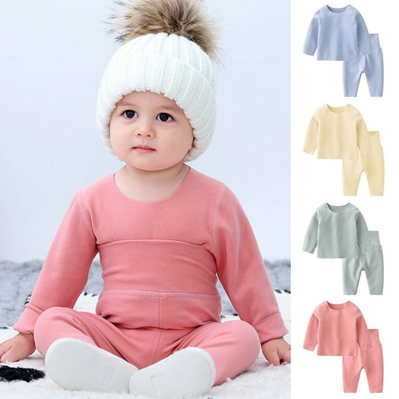 Zwiiyzr Boys and Girls Outfits Baby Infant 0-3 Years Keep Warm Long Sleeve Tops Pants Trousers Solid Color Clothes Set Blue