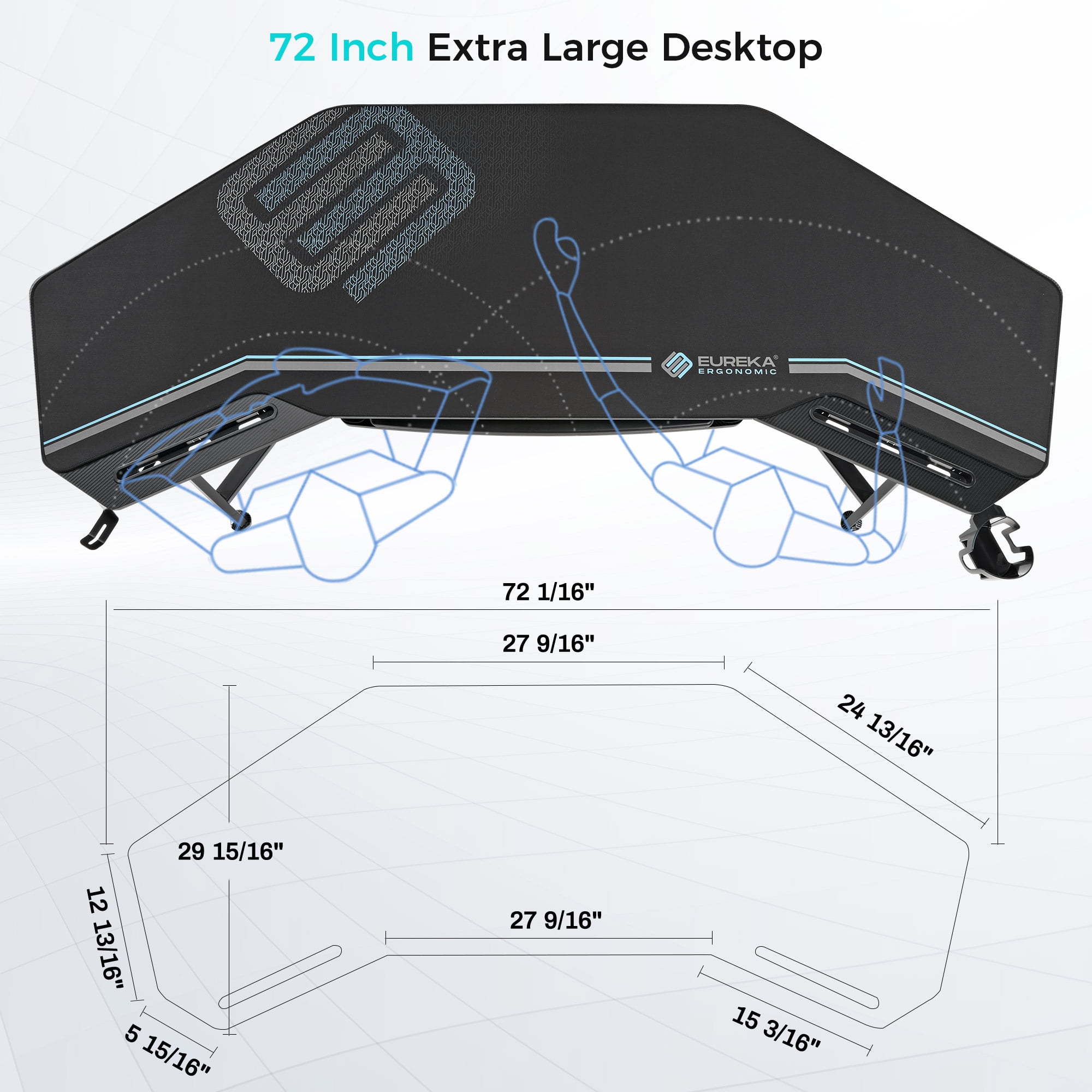 EUREKA ERGONOMIC Gaming Desk with Led Lights, 72 Large Wing-Shaped Studio  Desk W Keyboard Tray Monitor Stand Dual Headphone Hanger Cup Holder for