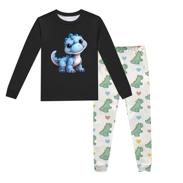 LUOGENLI Ensemble de Pyjama à Manches Longues et Col Rond Imprimé Dinosaure pour Enfants (2 9 Ans) Tenues de Sport pour Garçons Noir 8T