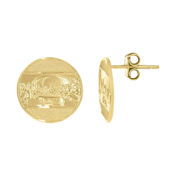 10k Yellow Gold Textured Mens Last Supper 12mm Round Religious Push Back Studs