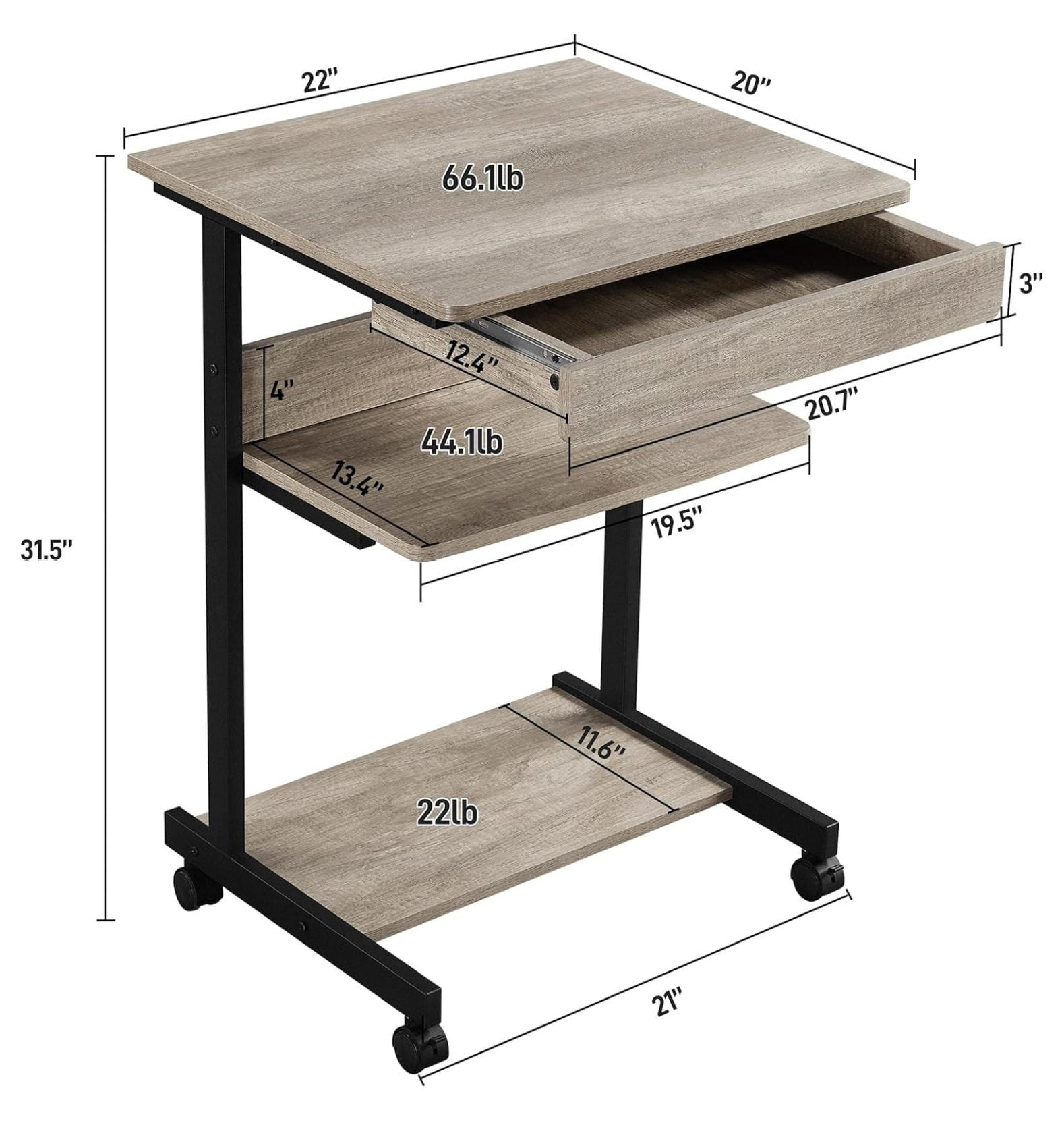 Gray Art Deco Desk, Rolling Computer Desk Cart with Drawer, Small Space for Writing, Laptop, PC, 22 x 20.1 x 31.5 inches