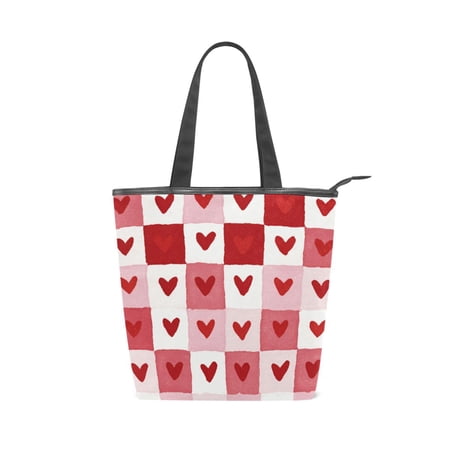Large Capacity Canvas Tote Bag with Zipper Durable Canvas & Leather Shoulder Handbag All-over Print Tote for Work Commuter Shopping Travel Soft Heart Checkerboard