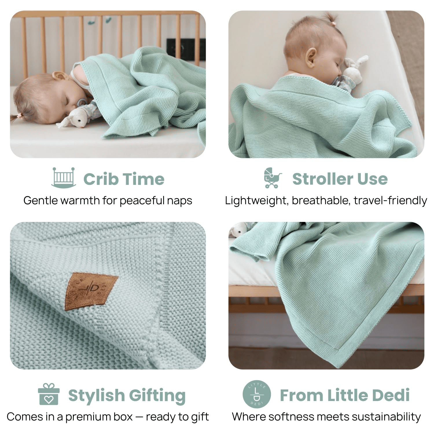 Little Dedi 100% Organic Cotton Baby Knitted Blanket with Gift Box - Soft Toddler, Crib, Stroller Blanket - Neutral Swaddle and Receiving Blanket for Newborns, 30"x40", Sage