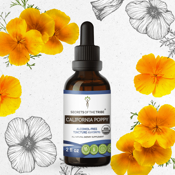 Secrets Of The Tribe California Poppy Tincture, Alcohol-Free Organic Herbal Extract for Calming, Certified Organic California Poppy (Eschscholzia californica) Dried Herb, 2 oz