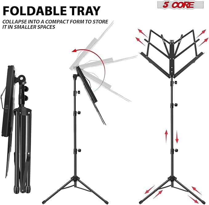 5Core Music Stand For Sheet Music Portable Tripod Adjustable Folding With Lights Note Holder BLACK
