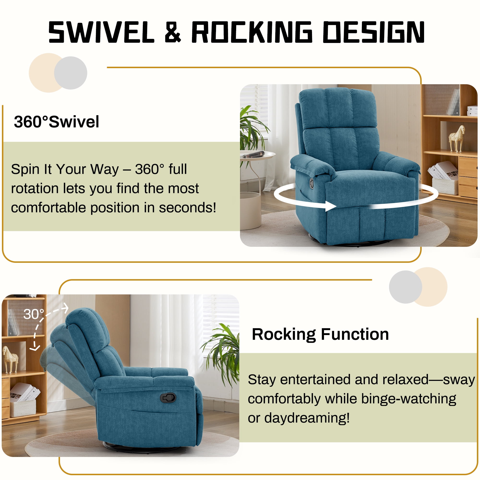 Korser 360°Swivel Recliner Chair for Adults with Side Pockets,Small Rocking Recliner for Small Spaces for Living Room,Nursery,Blue