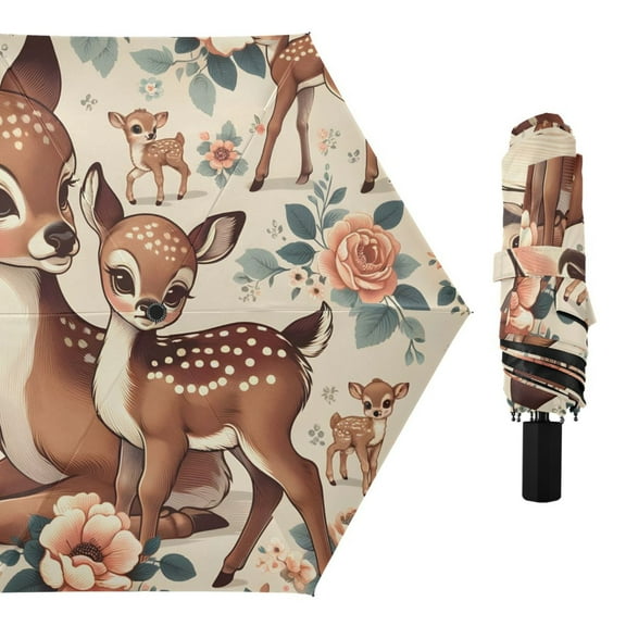 Retro Sika Deer and Flowers Compact Sun Umbrella Windproof Travel Umbrellas for Rain Strong Portable UV Protection