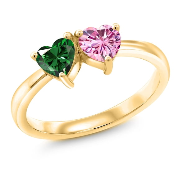 Gem Stone King 18K Yellow Gold Plated Silver Fashion Right-Hand Ring Heart Shape Green Nano Emerald and Vivid Pink Moissanite (1.00 Cttw, Size 6)