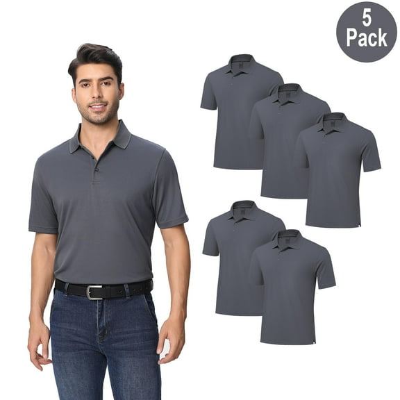 Zfeel Men High Performance Dry Fit Poly Polo Shirt, Short Sleeve, Polyester, Iron Grey, S, 5 Pack