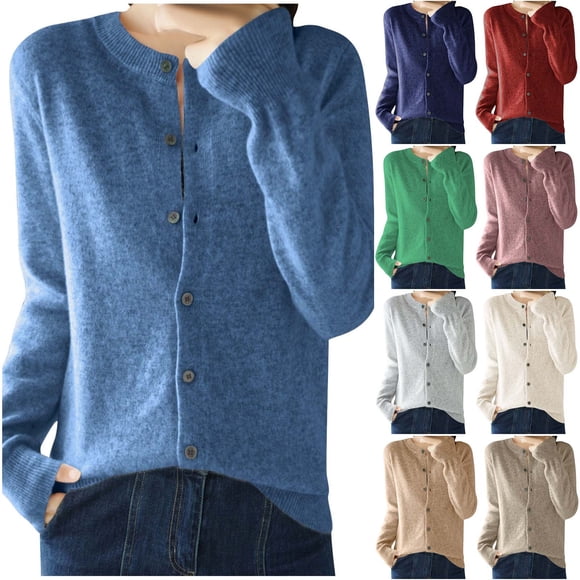 CFLVAEK Button Down Cardigan Sweaters for Women Knit Long Sleeve Cardigans Trendy Fall Solid Color Crewneck Cardigan Sweater Dark Blue XL