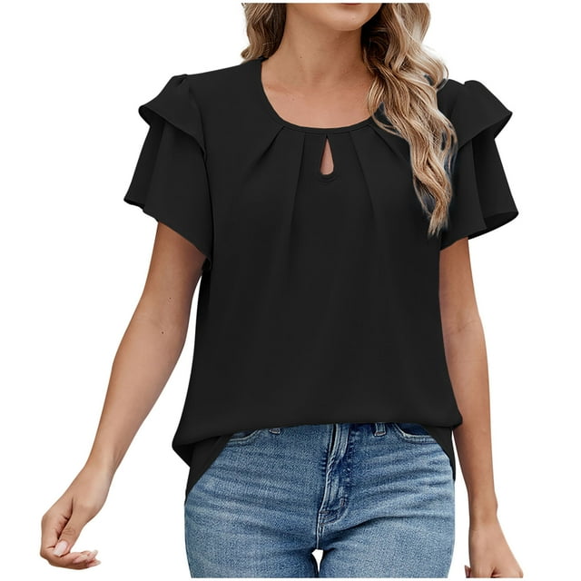 SwiftWear Tees for Women 2025 New T Shirts Ruffle Short Sleeve Round Neck Loose Blouse Summer Solid Color Casual Tee Tops