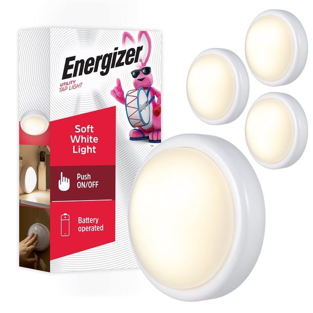Energizer LED Tap, 4 Pack, Push, Battery Operated, Touch, Stick On Lights, Wireless, Puck, Under Cabinet Lighting, Perfect for Closets, Kit