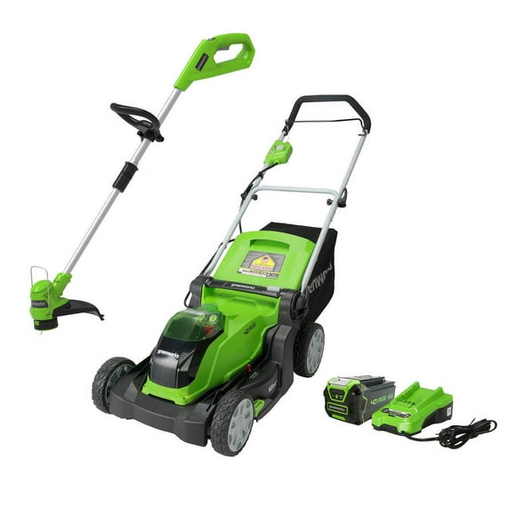Greenworks 40V 17" Lawn Mower & 40V 12" String Trimmer Combo Kit, 4.0Ah Battery and Charger Included