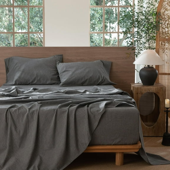 MooMee 100% Washed Cotton Sheet Set King Linen Like Textured Breathable Durable Soft Comfy 4pcs (Dark Grey)