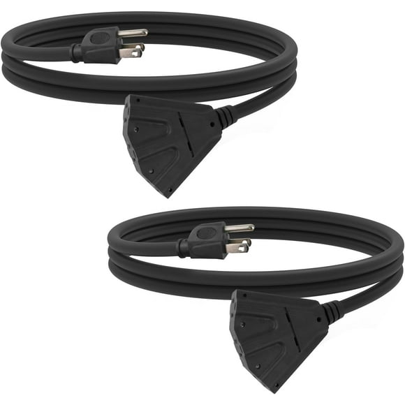 SHIQI-2 Pack 6 Ft Outdoor Extension Cord with 3 Electrical Power Outlets - 16/3 SJTW Black Cable with 3 Prong Grounded Plug