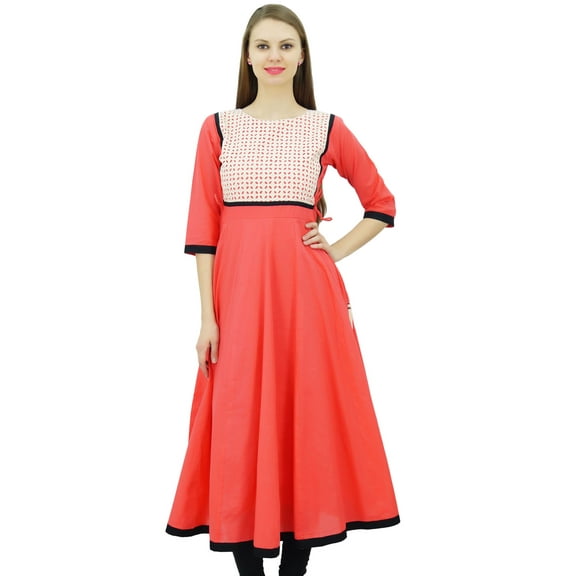 Bimba Women Designer Flared Anarkali Dress Peach Cotton Kurta Chic Custom Kurti Long Tunic