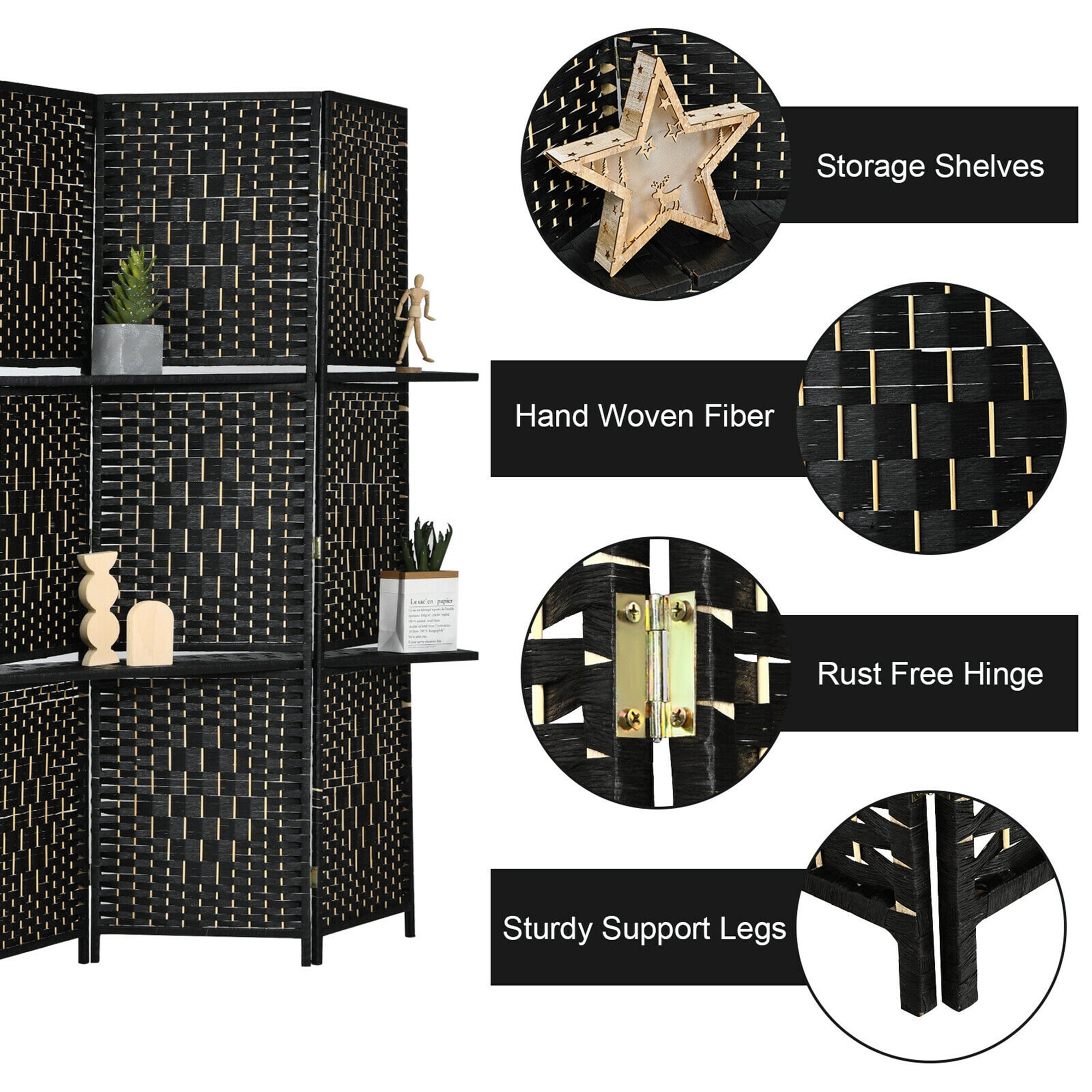 Gymax 6 Panel Folding Room Divider 6Ft Weave Fiber Privacy Screen W/ 2 Display Shelves Black