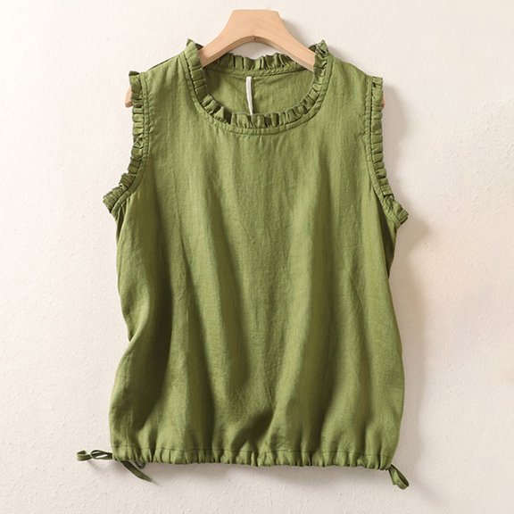 KIHOUT Women's Ruffled Trim Linen Blend Tank Top Crew Neck Drawstring Waist Casual Blouse for Spring Summer Wear