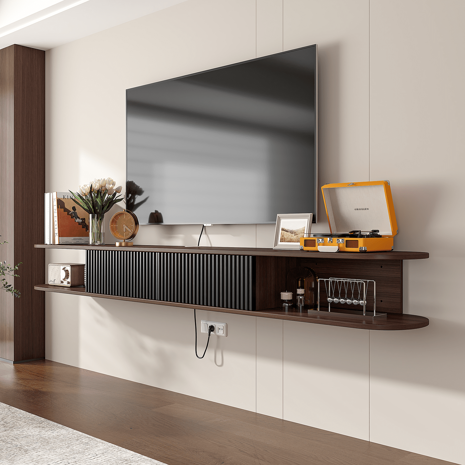 ​​FloatiCasa 78" Floating TV Stand Wall-Mounted Entertainment Center with 2 Doors and Vertical Groove Design for TVs up to 78" for Living Room and Bedroom, Walnut​​ and Black