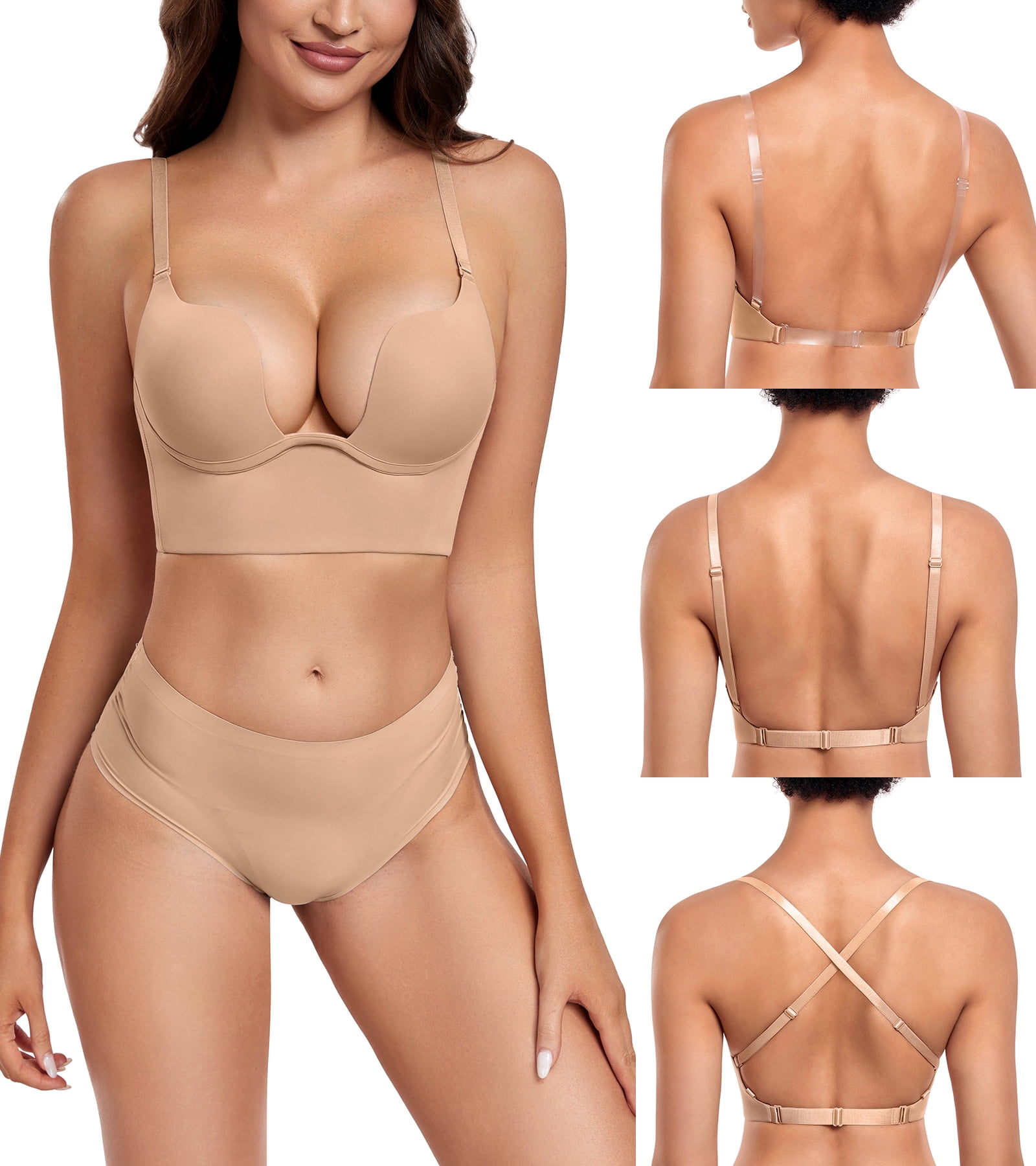 Exerin Women's Plunge Backless Bra Underwire Push Up Padded Multiway Low Back Bras(32B,Beige)