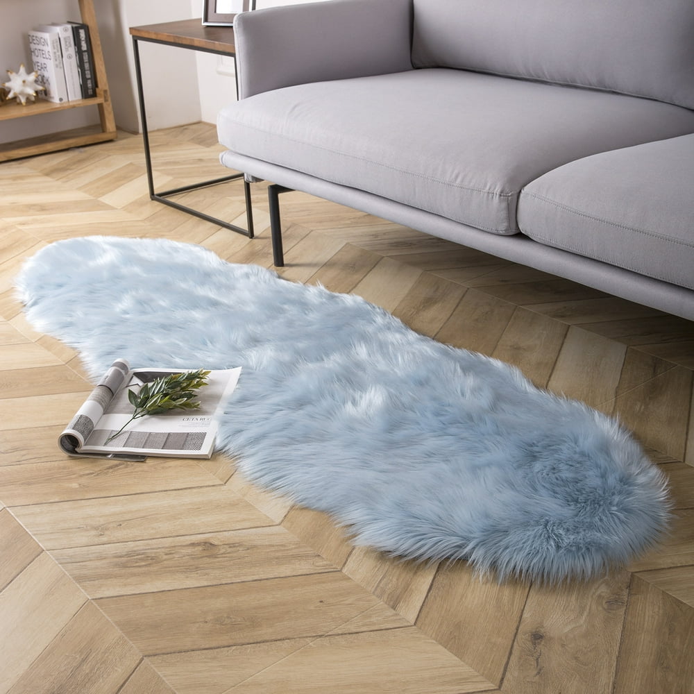 Deluxe Soft Faux Sheepskin Fur Series Decorative Indoor Area Rug 2 x 6 Feet, Light Blue, 1 Pack