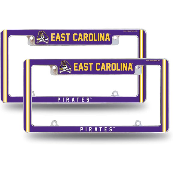 East Carolina NCAA Pirates (Set of 2) Chrome Metal License Plate Frames with Bold Full Frame Design