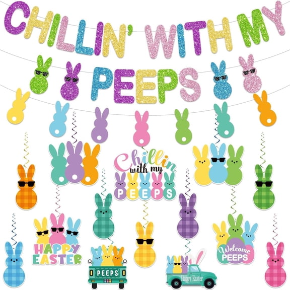 Easter Banner Glitter Colorful Chillin With My Peeps Party Decorations For Outdoor Indoor Spring
