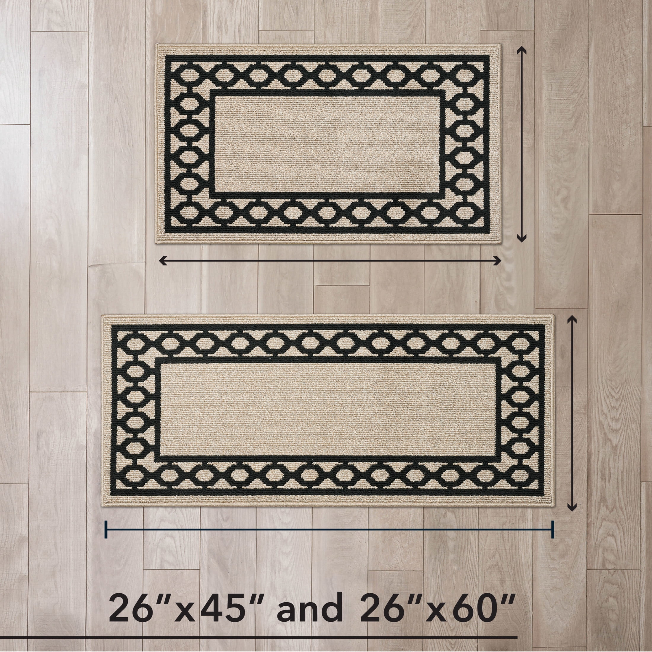 Washable Skid-Resistant Runner Rug, Trellis Border , Natural Twist and Black , 26" x 45"/26" x 60"