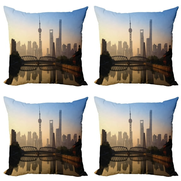 Ambesonne Scenery Throw Pillow Cover 4 Pack, Shanghai Morning View, 24", Blue Brown