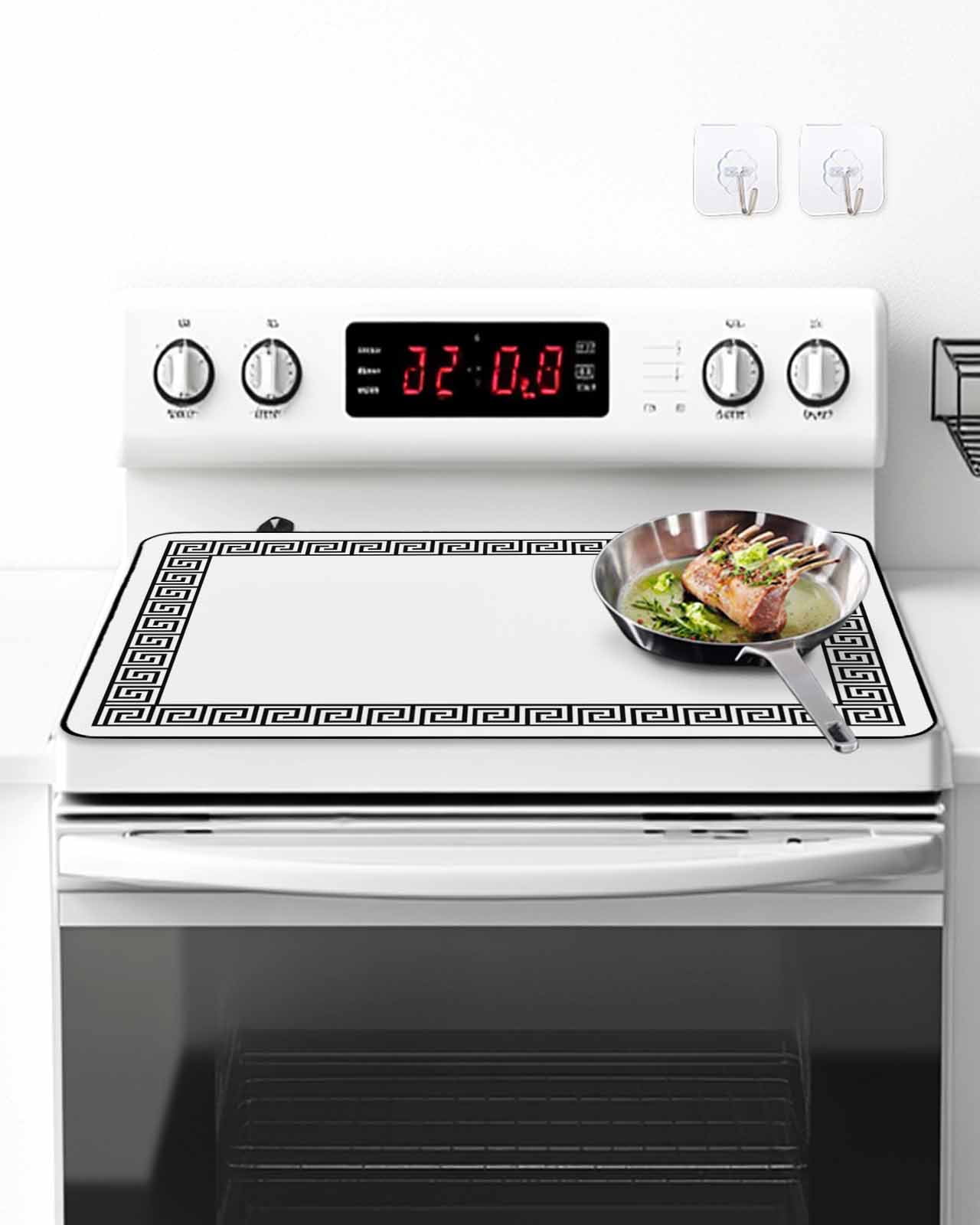 Stove Top Covers for Electric Stove, Black Geometric Glass Stovetop Cover Protector, Modern Key Greek Design Abstract Art Induction Cooktop Protector Oven Mat for Kitchen Countertop 24"x21"