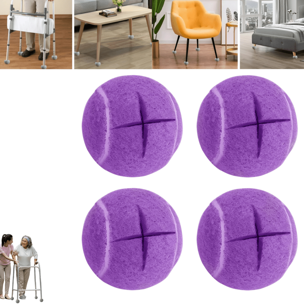 4PCS Precut Tennis Walker Glide Balls, Universal Walker Leg Cover Caps, Heavy Duty Long Lasting Floor Protector Balls for Walkers & Furniture Legs