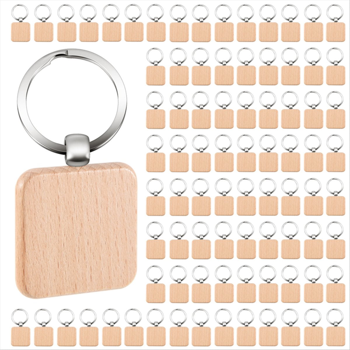 100Pcs DIY Blank Wooden Key Chain Square Carved Key Ring Wooden Key Ring About 40 x 40 mm,100 x Wooden Key Chain,Wood color & silver