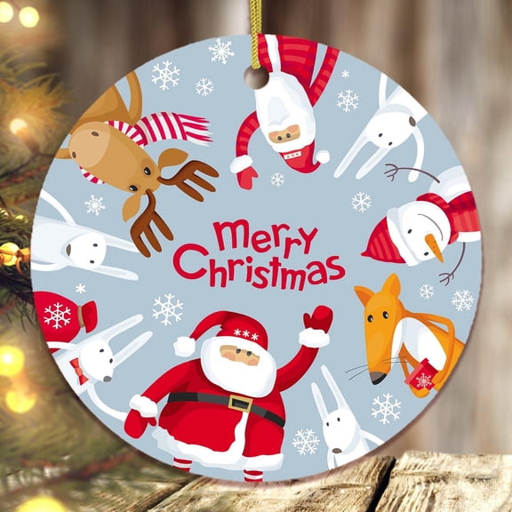 Round Christmas Ornament with Santa Claus, Dog, Fox, and Reindeer