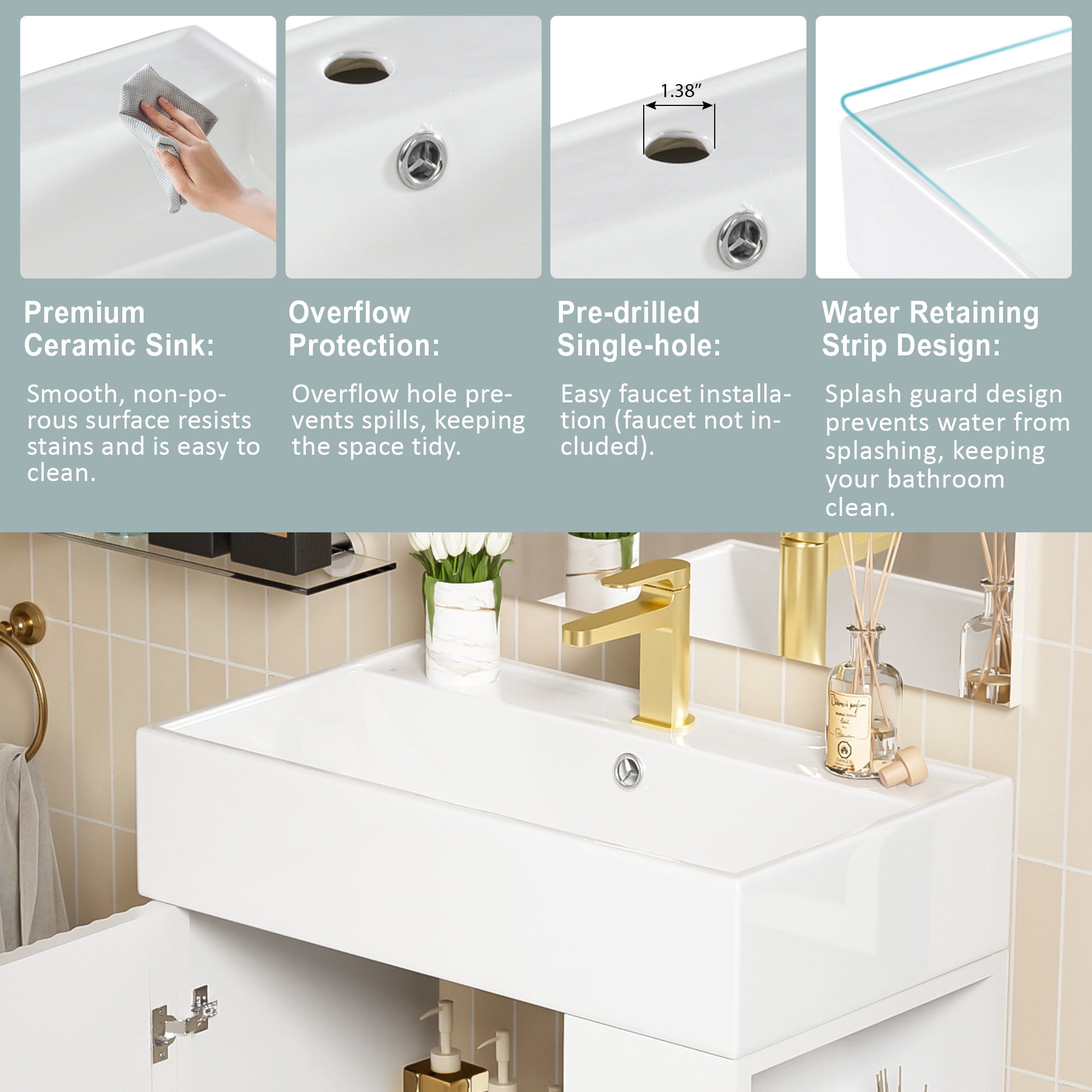 Euroco 21.6" White Bathroom vanity, Combo Cabinet, Bathroom Storage Cabinet, Single Ceramic Sink, Right Side Storage