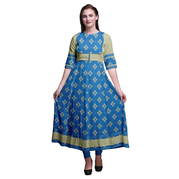 Bimba Blue Floral Block Printed Women Anarkali Dresses Long Indian Kurtis Ethnic Kurta Dress-XSmall
