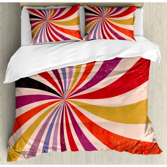 Retro Duvet Cover Set Queen Size, Illustration of a Grunge Style Sunburst Effect or Swirls Abstract Galactic Stripes, Decorative 3 Piece Bedding Set with 2 Pillow Shams, Multicolor, by Ambesonne